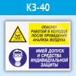 Знак «Опасно - работай в колодце после проведения анализа воздуха. Имей допуск и средства индивидуальной защиты», КЗ-40 (пластик, 400х300 мм)
